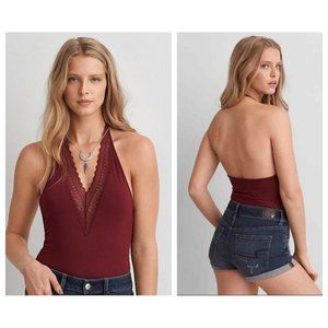 AEO American Eagle Essentials Soft & Sexy Lace Trim Halter Bodysuit Maroon Red